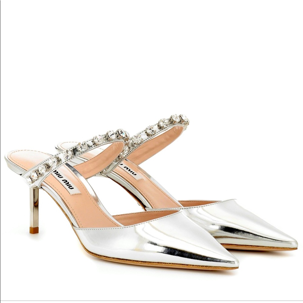 MIU MIU CRYSTAL METALLIC LEATHER MULES SZ 39 NIB